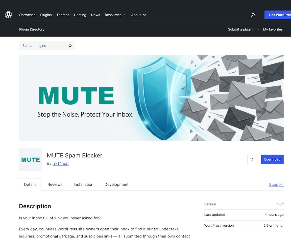 MUTE Spam Blocker WordPress プラグインページ